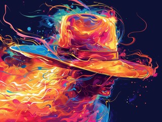 Dynamic abstract digital painting of a woman's profile with a hat, rendered in explosive neon orange and blue tones. - obrazy, fototapety, plakaty