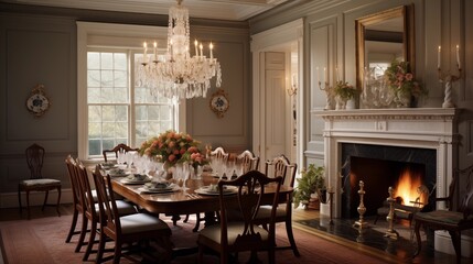 Formal Georgian-style dining room with wood paneling triple-hung windows fireplace inglenook swan's neck pediment entrance and crystal chandelier. - obrazy, fototapety, plakaty