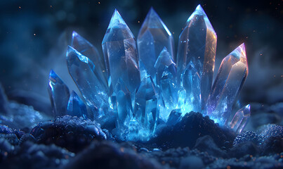 Enchanting Blue Crystal Formation Illuminated by Magical Light - obrazy, fototapety, plakaty