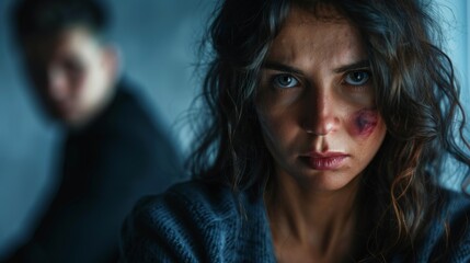Domestic violence, with a distressed, physically and emotionally abused woman in the foreground - and the blurry abusive man in the background.	