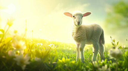 A cute lamb standing on a green spring meadow, sun is shining
