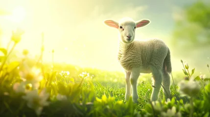 Foto op Plexiglas A cute lamb standing on a green spring meadow, sun is shining © standret