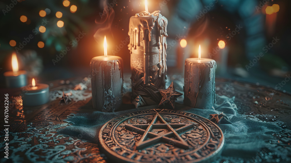 Canvas Prints Mystical Pentagram Ritual with Candles and Moody Lighting