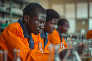 high school with African students wearing bright deep orange and navy uniforms in classroom...