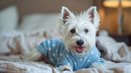 A happy white western highland terrier wearing a blue pajama and sitting in a bed