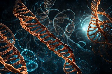 Glowing DNA strands spiraling through a digital microcosm - obrazy, fototapety, plakaty