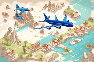 Taking a trip, planning a trip, and visiting a destination with a plane. Air delivery and airline navigation, vacation trips, plane destinations