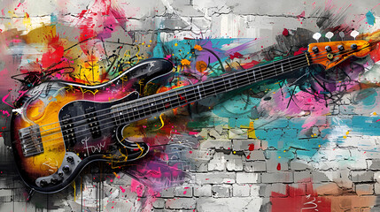 World Jazz Day, hand draw painting illustration of Guitar on wall, Generative Ai