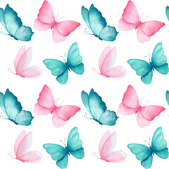 Watercolor seamless pattern with illustration of delicate pink and turquoise butterflies. Handmade, isolated