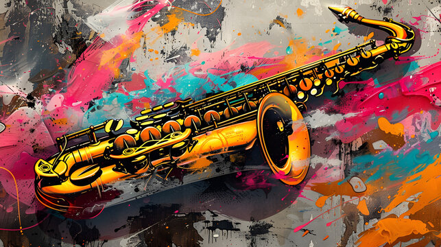 World Jazz Day, hand draw painting illustration of Saxophone on wall, Generative Ai