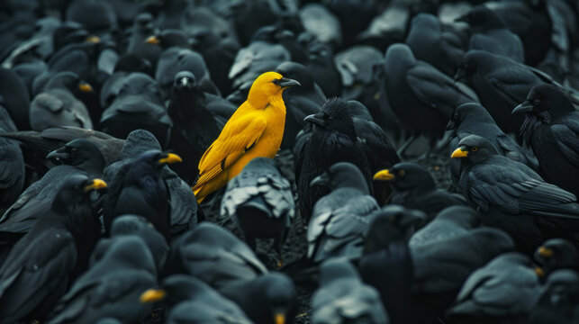 A yellow crow alone among a crowd of black crows, concept of standing out from the crowd as a leader