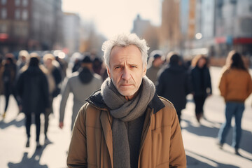 Middle aged man standing alone in city, looking at camera while crowds of people are whizzing around. Concept of loneliness, introvert, living in solitude. Mental health, antisocial, avoiding people. - obrazy, fototapety, plakaty