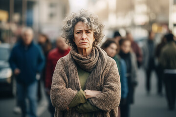 Middle aged woman standing alone in city, looking at camera while crowds of people whizzing around. Concept of loneliness, introvert, living in solitude. Mental health, antisocial, avoiding people.