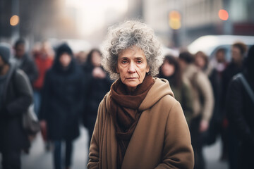 Senior woman standing alone in city, looking at camera while crowds of people are whizzing around. Concept of loneliness, introvert, living in solitude. Mental health, antisocial, avoiding people. - obrazy, fototapety, plakaty