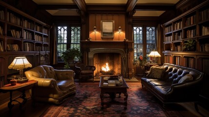 Gentleman's study lounge with wood beams floor-to-ceiling built-in bookshelves antique stained glass windows and fireplace inglenook.