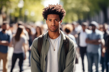 Young afro American man standing alone in city, looking at camera while crowds of people whizzing around. Loneliness, introvert, living in solitude concept. Mental health, antisocial, avoiding people.