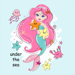 Cute cartoon illustration with beautiful mermaid and starfish on a blue background. Summer concept under the sea. T-shirt art, pajamas print for kids - 767063093