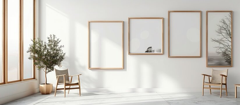 Large portrait mockups displayed on a white wall with wooden frames in various sizes like 50x70, 20x28, a3, and a4. The design is minimalistic and contemporary,