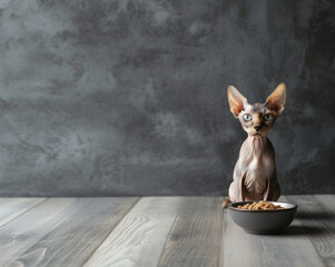 Close up cute sphinx cat eating from a bowl against blurred kitchen background, looking at camera with copyspace for text