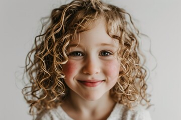 Portrait of a cute little girl with long curly hair on a gray background