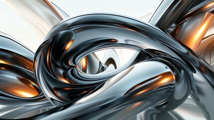 3D rendering of a silver metal surface with a glossy finish. The surface is curved and twisted,...