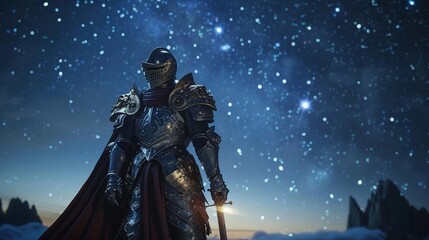 Naklejka premium Quixotic knight under starry sky, wide angle, dreamlike illumination, 