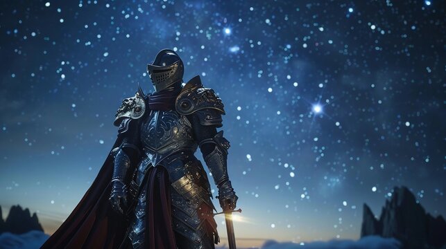 Quixotic knight under starry sky, wide angle, dreamlike illumination, 