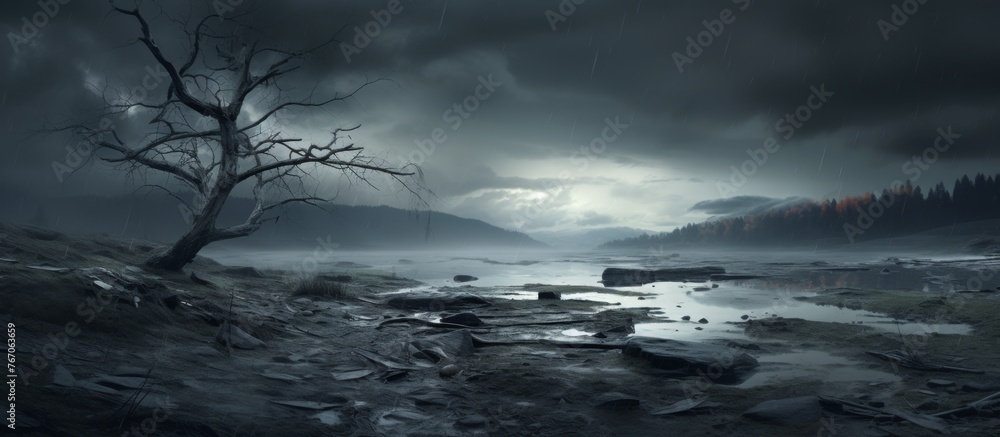 Poster a magnificent tree stands tall in the forefront while a winding river flows peacefully in the backgr