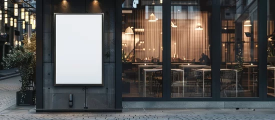 Fotobehang Mockup of a white paper poster showcased outside a restaurant building, illustrating marketing and business themes. © Vusal