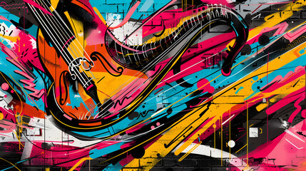 World Jazz Day, hand draw painting illustration of Bass Harp on wall, Generative Ai