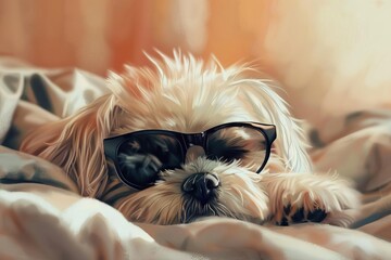 Adorable Puppy in Cool Black Sunglasses, Playful Portrait in Cozy Living Room, Cute Pet Digital Painting