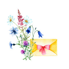 Watercolor vintage letter with pink bow and wild flowers isolated on a white background.