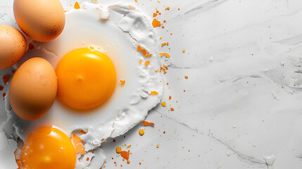 Broken egg and egg yolk on white panoramic background, generative ai - obrazy, fototapety, plakaty