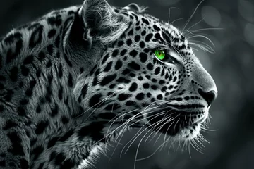 Foto op Plexiglas Black and white portrait of a leopard with a green eye, vertical format © standret
