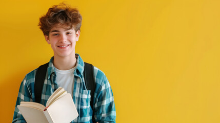 A happy and smiling white teenage boy is holding a white book on a plain yellow background with copy-space for text.