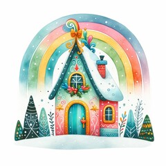 This charming watercolor illustration captures a whimsical cottage topped with a rainbow arch, surrounded by a magical winter landscape.