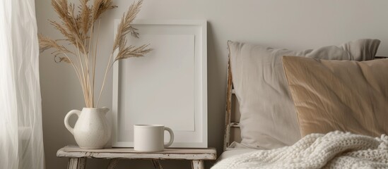 A white frame display on a vintage wooden nightstand. Contemporary white vase filled with dried Lagurus ovatus grass and a coffee mug.