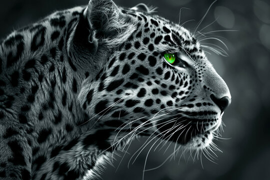 Black and white portrait of a leopard with a green eye, vertical format