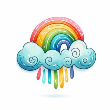 A vibrant and playful watercolor illustration of a cheerful rainbow with swirling clouds and raindrops in a spectrum of colors.