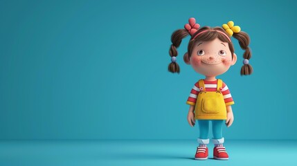 Cheerful 3D illustration of a cute little girl with brown hair and freckles wearing a yellow shirt and blue jeans.