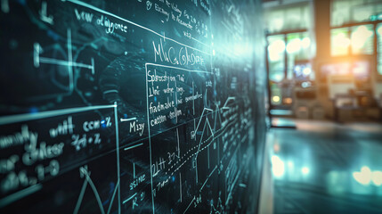 Blackboard with scientific formulas and calculations in physics and mathematics