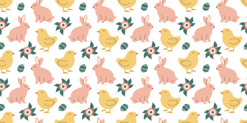 Cute Easter pattern with pink bunnies, chicks and flowers in pastel colors. Seamless design in doodle style. Endless Illustration with animals. White rabbits with botanical elements