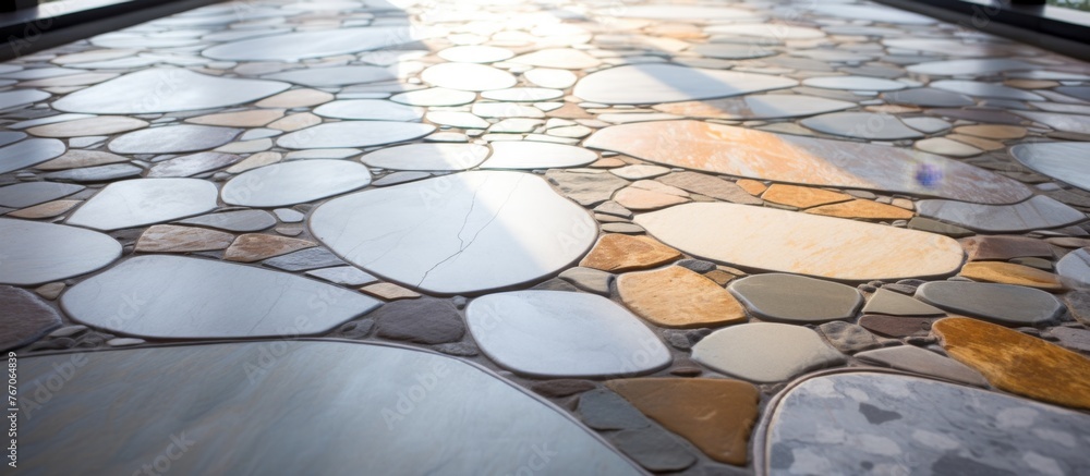 Poster a cobblestone walkway lined with rocks, blending seamlessly into the landscape. the stone path creat