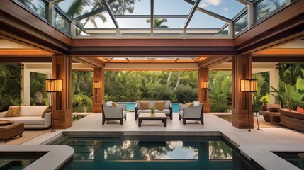 Glass-enclosed cocktail pool pavilion with soaring ceiling retractable walls and architectural wood posts framing tropical courtyard views and access. - obrazy, fototapety, plakaty