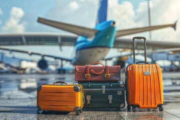 Airport Departure Scene, Luggage Suitcases with Airplane in Background for Travel Concept - obrazy, fototapety, plakaty