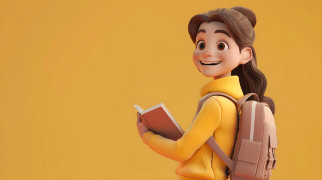A happy and smiling white teenage girl is holding a red book on a plain yellow background with copy-space for text. 3d cartoon render.