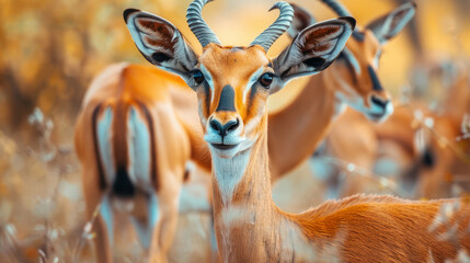 Close up image of a group of impala antelopes in the African savanna