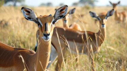 Close up image of a group of impala antelopes in the African savanna