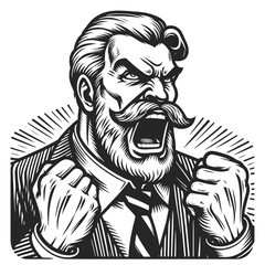angry man boss shouting yelling, with a strong expression and detailed line work sketch engraving generative ai fictional character vector illustration. Scratch board imitation. Black and white image.