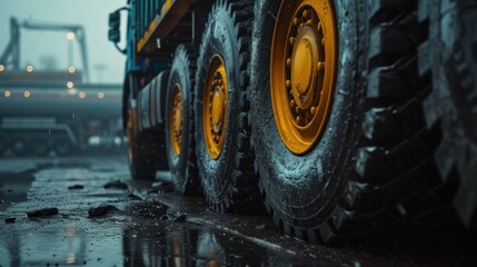 wheels of a large hard industrial truck in a wet parking lot at the port, bottom rear view, banner - obrazy, fototapety, plakaty